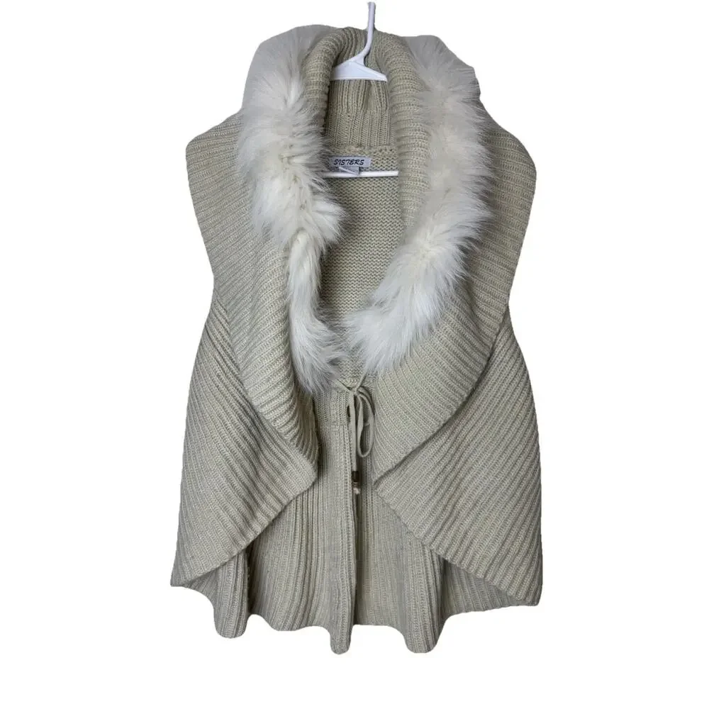 Sisters Sweater Vest Womens XL Faux Fur Trim Ruffle Waterfall Tan White Cream - Picture 2 of 7